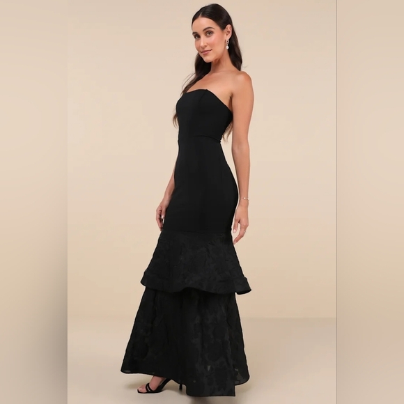 Lulus Immense Drama Black Strapless Tiered Jacquard Maxi Dress M Wedding Prom - Picture 3 of 9